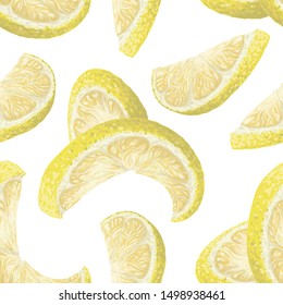 Vector art, seamless pattern with hand-drawn harvest juicy, delicious rich wet yellow lemon pieces, with highlights, beautiful peel of lemon. Realistic, like paint. Ripe, juicy, tasty lemons scattered