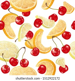 Vector art, seamless pattern with hand-drawn harvest juicy sweet-sour, delicious orange, lemon, cherry, beautiful citrus peel. Realistic, like paint. Ripe, juicy, tasty citrus, red cherries scattered