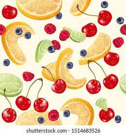 Vector art, seamless pattern with hand-drawn harvest juicy sweet fruits, berries, nice mix. Realistic, like paint. Ripe and juicy, tasty limes, oranges, citrus peel, blueberry, raspberry, red cherry