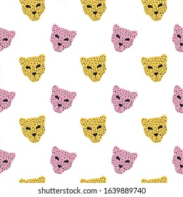Vector art of seamless pattern with pink and yellow panther heads. Background for textile, teen, fabric, web and other design
