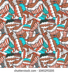 Vector art. Seamless pattern with sweets - ice cream, cupcakes isolated on cute white, brown and black background. Can use for birthday card, the children menu, packaging, textiles, fabrics, wallpaper