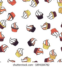 Vector art. Seamless pattern with sweets - ice cream, cupcakes isolated on cute brown, white and black background. Can use for birthday card, the children menu, packaging, textiles, fabrics, wallpaper