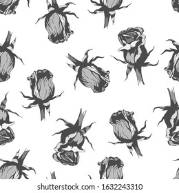 Vector art of seamless pattern with wonderful black-white different roses, hand-drawn in graphic, real-style at the same time. Contraste colors: black, white, gray. Looks vintage, beautiful, holiday d