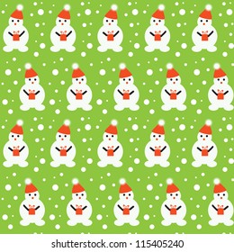Vector art. Seamless texture of little snowmen and snowflakes./Snowman with gift