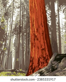 Vector art of Sequoia National Park with an iconic view of its huge sequoia trees. An illustration of for art prints, badges or designs.