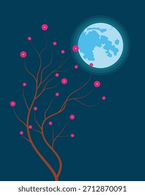 Arte Vetorial - Serena Árvore Floral Sob Luar - Design Botânico Tranquilo. Arte vetorial, Árvore de flores, Ilustração da lua, Design botânico.