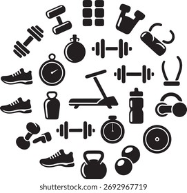 Arte vectorial de un conjunto de iconos en blanco y negro que ilustran varios equipos de fitness y gimnasio para entrenamientos