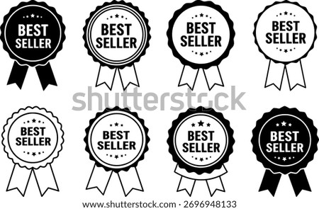 Vector art of set of black and white best seller badges with ribbons