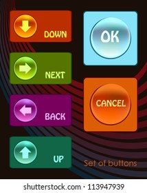 Vector art. Set of colored buttons on a dark background./ Buttons set
