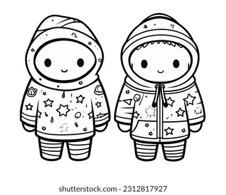 Vector Art, Set of Cute Cartoon character wearing coats, Doodle Lineart style