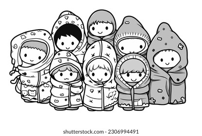 Vector Art, Set of Cute Character wearing Coats and Blankets