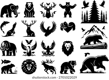 Arte vectorial de conjunto de diversos iconos e ilustraciones de animales en estilo de silueta