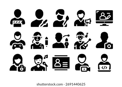 Arte vectorial de conjunto de diversos íconos profesionales que representan varias carreras y pasatiempos