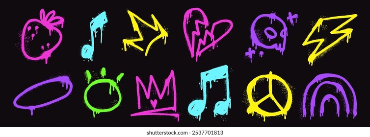 
Vector art set featuring colorful spray graffiti.  Cool urban design with lightning, hearts, and funky typography. Isolated abstract artwork for a teenage vibe.