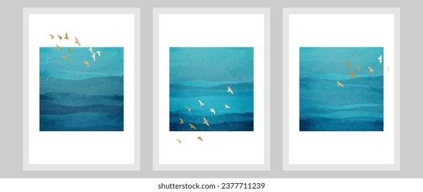 Conjunto de arte vectorial. Aves doradas sobre el fondo del océano y las olas, con una textura acuática con una línea dorada y una acuarela azul, arte marino de estilo minimalista. La decoración interior	