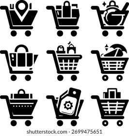 Vetor arte de conjunto de nove ícones do carrinho de compras com vários itens dentro