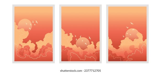 Vektorkunst, ein Satz von Gemälden mit Wolken und ein roter Sonnenuntergang mit Vögeln und Sonne in Farbverlauf und irisierende Farbe. Abstraktes minimalistisches Design in warmen Farben für die Innendekoration, Plakat, Druck.	
