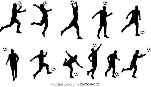 Arte vetorial do conjunto de silhuetas do jogador de futebol realizando vários movimentos