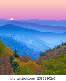 Vector art of Shenandoah National Park with an iconic view of its endless views of trees and mountainous landscape. An illustration of for art prints, badges or designs.