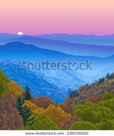 Vector art of Shenandoah National Park with an iconic view of its endless views of trees and mountainous landscape. An illustration of for art prints, badges or designs.