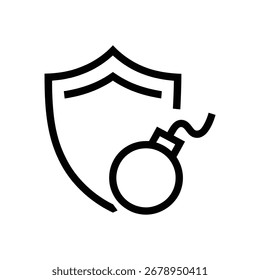 Arte vectorial del escudo con el Vector del icono de la bomba, Ilustración vectorial del icono de la línea del contorno del símbolo de seguridad