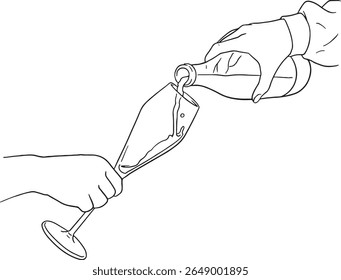 arte vetorial mostrando mãos derramando uma bebida borbulhante de uma garrafa em uma taça de champanhe esbelta. Perfeito para ilustrar os conceitos de serviço, celebração e jantar. Use para menus.