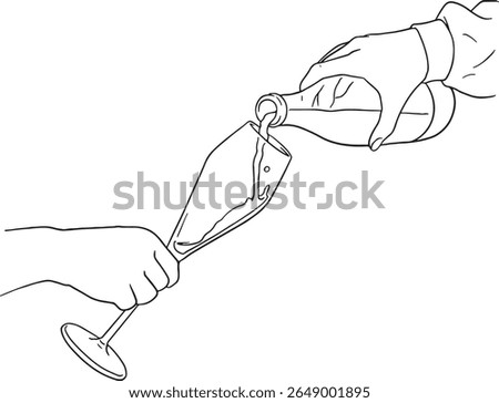 vector art showcasing hands pouring a bubbly beverage from a bottle into a slender champagne glass. Perfect for illustrating service, celebration, and fine dining concepts. Use for menus.
