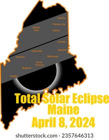 Vector art showing the April 8, 2024 total solar eclipse path over Maine