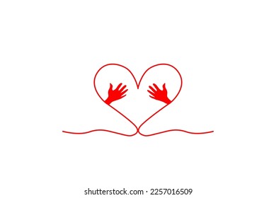 A vector art showing heart embraced by two hands in red.