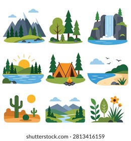 Vector art showing iconic landmarks and natural landscapes in vibrant colors