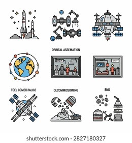 Vector art showing stages of a space mission from launch to decommissioning and end