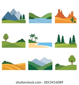 Vector art showing various global landscapes including mountains rivers forests and deserts