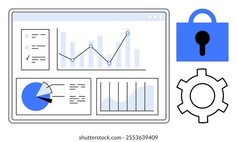 Vector art shows a data analytics dashboard with line and pie charts. Beside it are a blue lock and a gear icon. Ideal for analytics, data visualization, cybersecurity, software settings, business