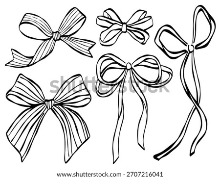 Vector art shows elegant bow decor in a pretty monochrome sketch.
Handdrawn ribbon elements form a stylish decorative collection.
Ornate outline shapes create a festive creative illustration.