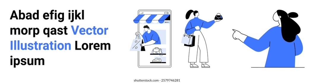 Vector art shows a mobile storefront, a person handing over a package, and another person pointing. Ideal for e-commerce, shopping, technology, marketing, customer service. Banner for landing page