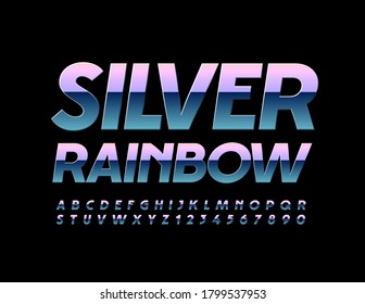 Vector art sign Silver Rainbow. Gradient metallic Font. Platinum reflective Alphabet Letters and Numbers