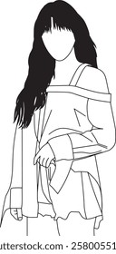 Vector art silhouette of a long-haired woman wearing an off-shoulder top and casual apparel, depicting simplicity and style.