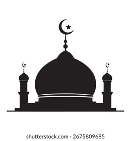 Arte vectorial de silueta de una mezquita con cúpula y minaretes, aislado en blanco