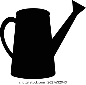 A vector art silhouette shows a simple watering can, its form defined in stark black. It features a classic spout, curved handle, and smooth lines against a white background.