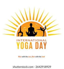 Vector art of Silhouette Sunrise to Stillness Celebrate Yoga pose on during Sunrise international yoga day vector illustration design.