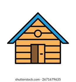 Vektorkunst einer einfachen Cartoon-Illustration eines Holzhauses mit blauem Dach