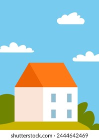 Vector art of a single house on a sunny hill, encapsulating a calm residential setting.