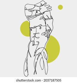 Vector art single line illustration of a muscled man getting undressed, conceptual hand-drawn sketch