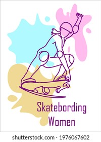 Vector art of a skateboarding woman line art with colored background