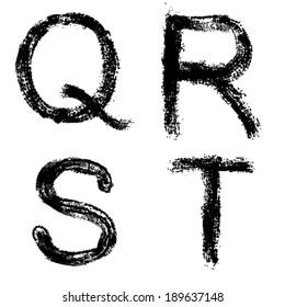 Vector art sketched stylized grunge alphabet. Hand drawn letters, signs Q, R, S, T. Graphic elements.