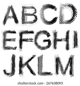 Vector art sketched stylized grunge alphabet. Halftone dots alphabet. Hand drawn letters. Graphic elements.