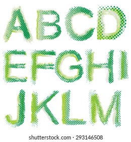 Vector art sketched stylized grunge alphabet. Halftone dots alphabet. Hand drawn letters. Graphic elements.