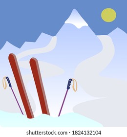 Vector art ski resort with mountain and red skis