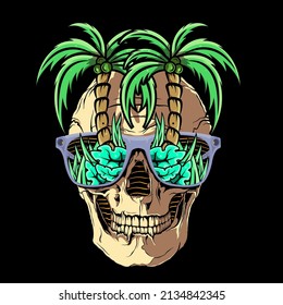 Vector art skull with coconut trees and shrubs in glasses hand drawn illustration