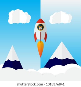 vector art sky with a rocket and a dog